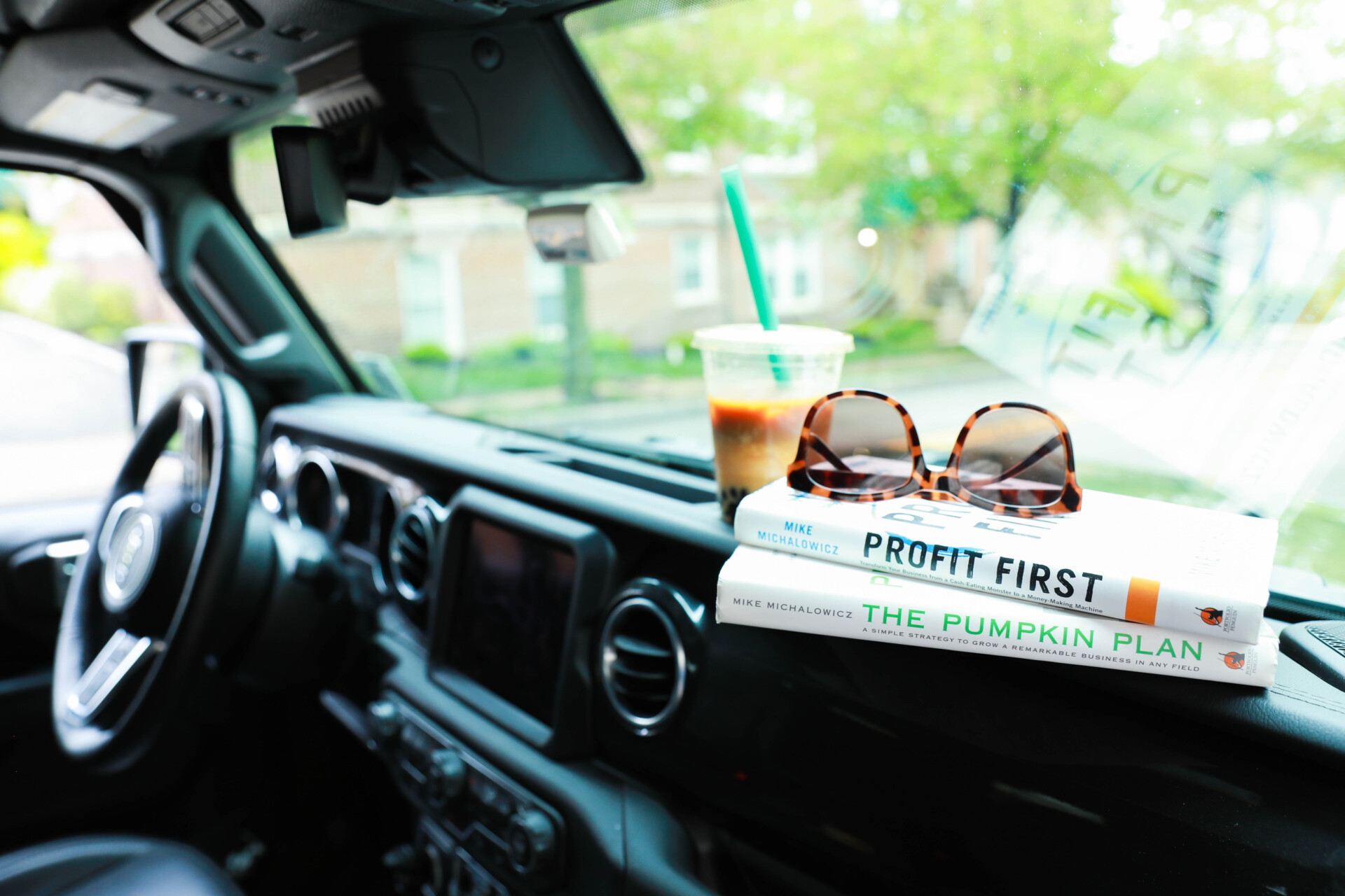 inside Kim's jeep with books the Pumpkin Plan