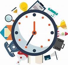 Clock surrounded by business tools representing time management