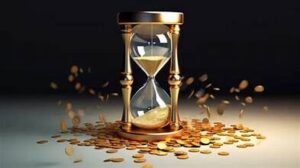 Hourglass surrounded by money symbolizing the value of time