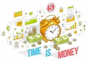 Cartoon illustration of a clock and money representing time is money
